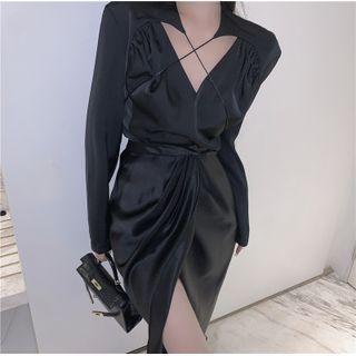 Long-sleeve Strappy Blouse / Slit Midi Pencil Skirt