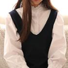 Eyelet-lace Mandarin-collar Puff-shoulder Shirt