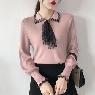 Long-sleeve Lace Trim Ribbon Knit Top