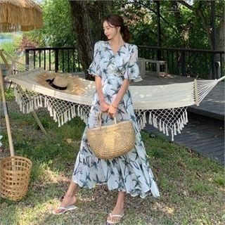 Palm Tree Tiered Maxi Chiffon Dress