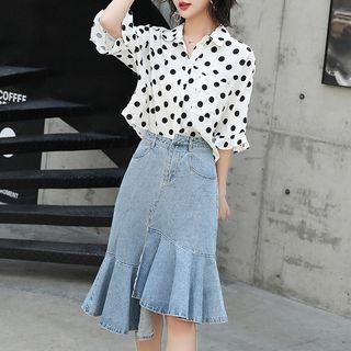 Set: Dotted Elbow-sleeve Blouse + Ruffle Hem Denim Skirt