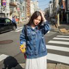 Lettering Distressed Denim Trucker Jacket