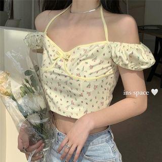 Cold Shoulder Floral Print Top Yellow - One Size