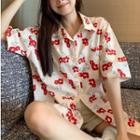 Short-sleeve Floral Hawaiian Shirt Beige & Red - One Size