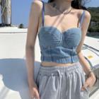 Denim Cropped Camisole Top / Distressed Wide-leg Pants