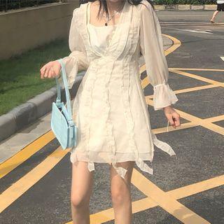 Set: Long-sleeve Irregular Chiffon A-line Mini Dress + Slipdress