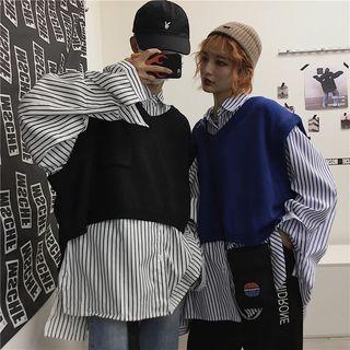 Couple Matching Striped Shirt / V-neck Knit Vest