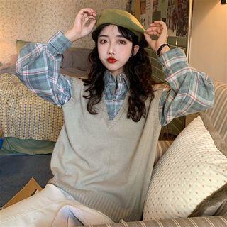 Bubble-sleeved Mock Two-piece Plaid Top