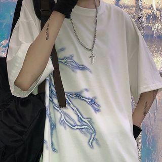 Elbow-sleeve Flash Print T-shirt White - One Size