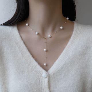 Faux Pearl Alloy Y Necklace Gold - One Size