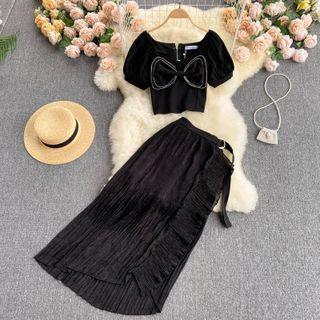 Set Of 2 : Bow Puff-sleeve Top + Plain Ruched Skirt