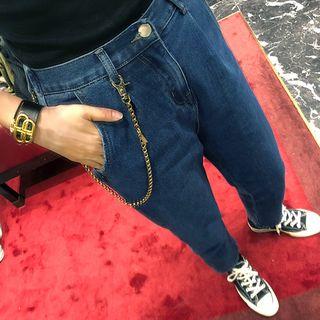 Band-waist Pintuck-trim Baggy Jeans