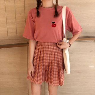 Fruit Embroidered Short-sleeve T-shirt / Gingham Pleated Mini Skirt