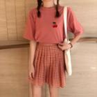 Fruit Embroidered Short-sleeve T-shirt / Gingham Pleated Mini Skirt