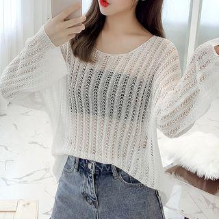 Key-hole Back Long Sleeve Open Knit Top