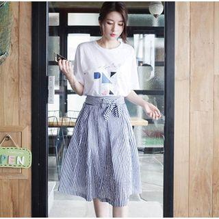Set: Short Sleeve Print T-shirt + Striped A-line Skirt