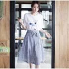 Set: Short Sleeve Print T-shirt + Striped A-line Skirt