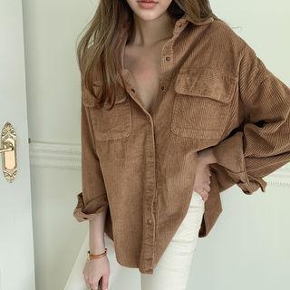 Flap-pocket Corduroy Shirt Dark Beige - One Size