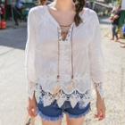 Long-sleeve Lace-up Embroidered Top White - One Size