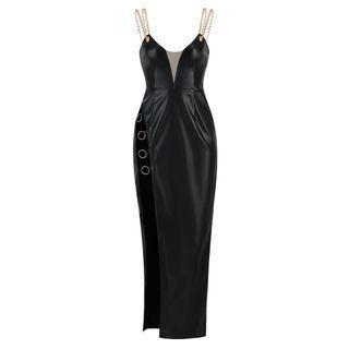 Spaghetti-strap Faux Leather Slit Maxi Sheath Dress