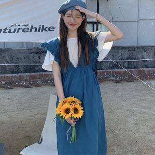 Bell-sleeve Plain Top / Ruffle Trim Midi Overall Dress