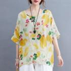 Elbow-sleeve Print Top Yellow Flowers - White - One Size