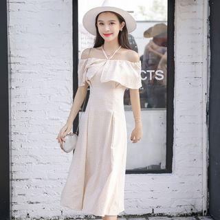 Off-shoulder Plaid Midi A-line Dress