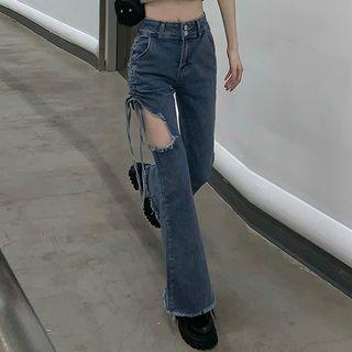 Distressed Drawstring Bootcut Jeans