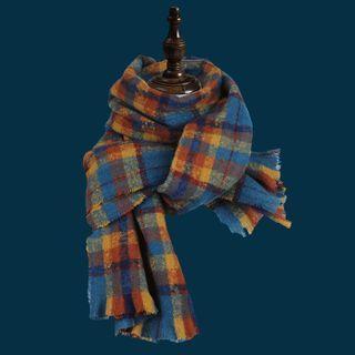 Plaid Fringed Shawl Blue - One Size