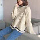 Contrast-trim Crew-neck Cable-knit Sweater