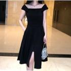 Plain High-waist One-shoulder Dress