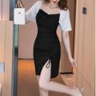 Short-sleeve Two-tone Drawstring Mini Sheath Dress