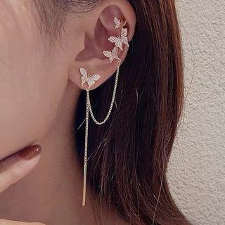 Rhinestone Butterfly Chain Drop Earring H2-1-9 - 1 Pair - Asymmetric - Silver - One Size