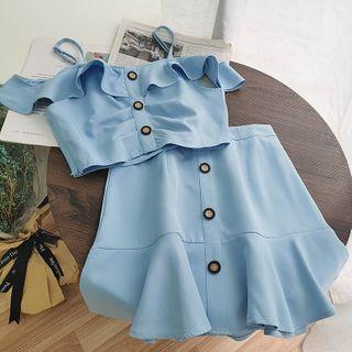 Set: Plain Ruffle-trim Top + Skirt