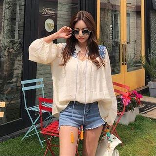 Mandarin-collar Tie-neck Embroidered Blouse