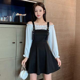 Mock Two-piece Long-sleeve Off-shoulder Mini A-line Dress