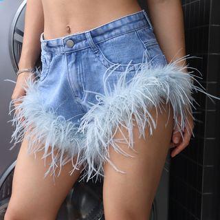 Fluffy Trim Denim Hot Pants