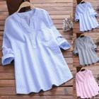 3/4-sleeve Striped Buttoned Blouse