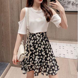 Set: Cutaway-shoulder Plain Top + Floral A-line Skirt