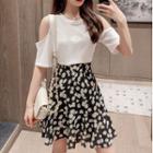 Set: Cutaway-shoulder Plain Top + Floral A-line Skirt