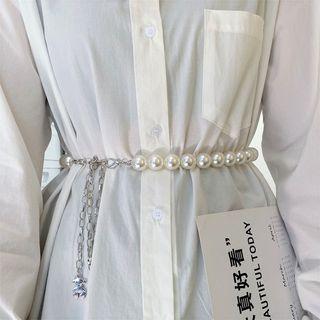 Bear Pendant Faux Pearl Alloy Waist Chain Silver & White - One Size