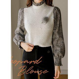 Inset Vest Frilled Leopard Blouse