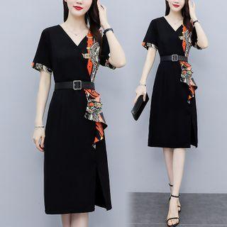 Short-sleeve Printed Ruffle A-line Dress