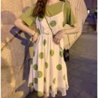 Short-sleeve Mock Two-piece Dotted A-line Dress Green - One Size