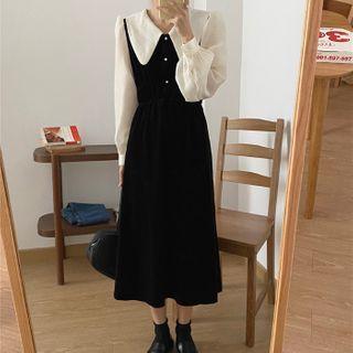 Puff-sleeve Collared Plain Dress