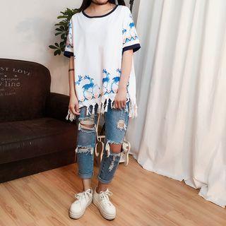 Tasseled Printed Short-sleeve T-shirt