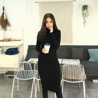 Turtle-neck Rib-knit Dress Black - One Size