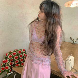 Floral Print Mock-neck Mesh Blouse Floral - Pink - One Size