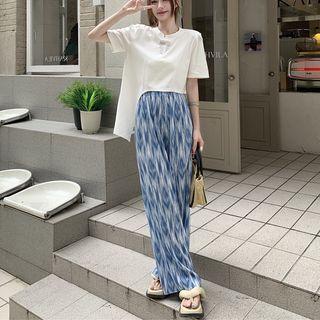 Elbow-sleeve Asymmetrical T-shirt / Print High Waist Wide Leg Pants