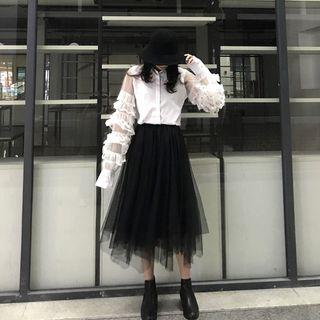 Mesh Ruffled-trim Shirt / A-line Skirt